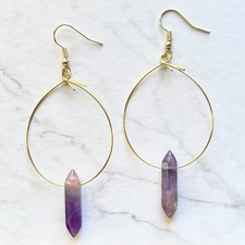 Purple Amethyst Crystal Gold Wire Tear Drop Earrings