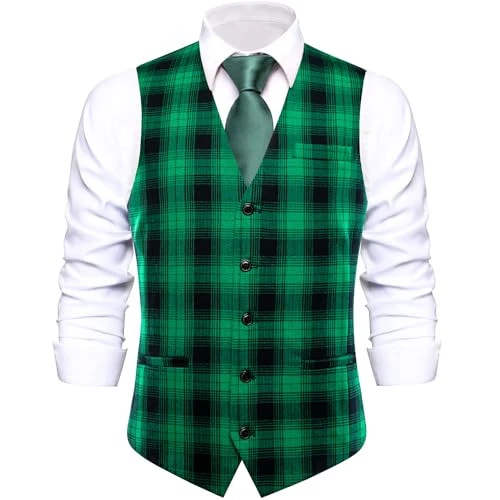 Men's Suit Vest Plaid Checks V-neck Single Breasted 3X-Large Black and Green - Image 3 of 4