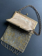 Vtg Antique Art Nouveau Gold Silver French Steel Micro Bead Fringe Bag Purse