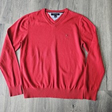 Tommy Hilfiger Men's V-neck Jumper Size Medium Red Very Good Condition