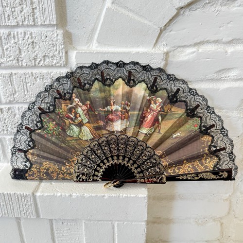 Vintage Victorian Style Lace Hand Fan Painted Scene Court Romance Folding Fan