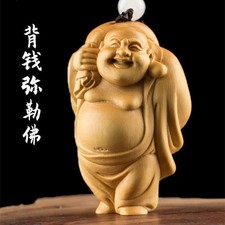 Carved Boxwood Maitreya Buddha Wooden Handheld Figurine Pocket Amulet Ornament