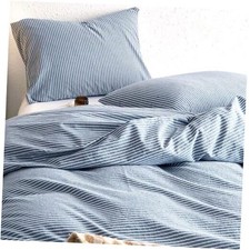 - Striped Cotton Duvet Cover Set, 100 Washed Cotton Textured Full Denim Blue