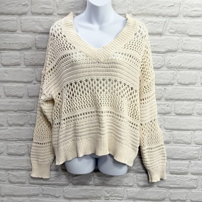Crochet Chunky Knit Boho Sweater V Neck Women Cream Ivory Festival Bohemian Top
