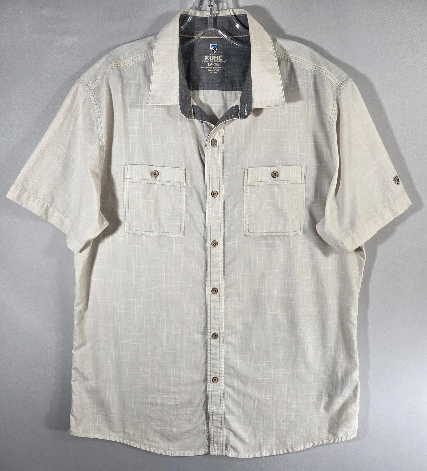 Kuhl Shirt Mens Large Beige Solid Short Sleeve Button Up Outdoor Hiking Casual