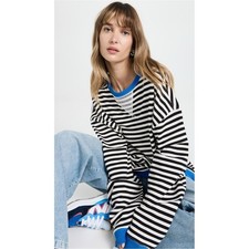 Free People We the Free Classic Striped Oversized Crewneck Sweatshirt Blue L