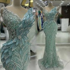Luxury Mermaid Evening Dresses Shiny Lace Turquoise Sequins Party Prom Gowns
