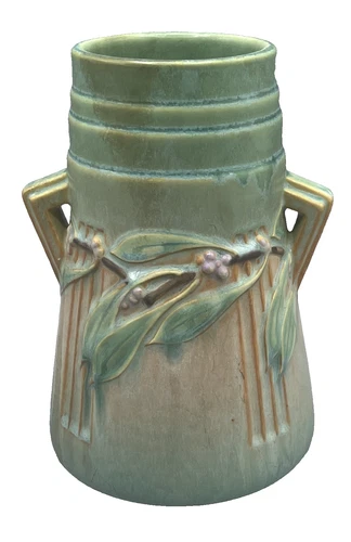 Roseville Art Pottery 7 3/8" Green Laurel Handled Vase 671-7 / Circa 1930's