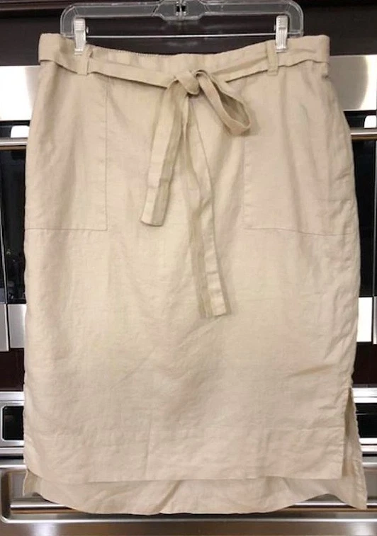 Donna Karan L Black Label Linen Khaki Pencil Skirt Lined Elastic Pockets Belt
