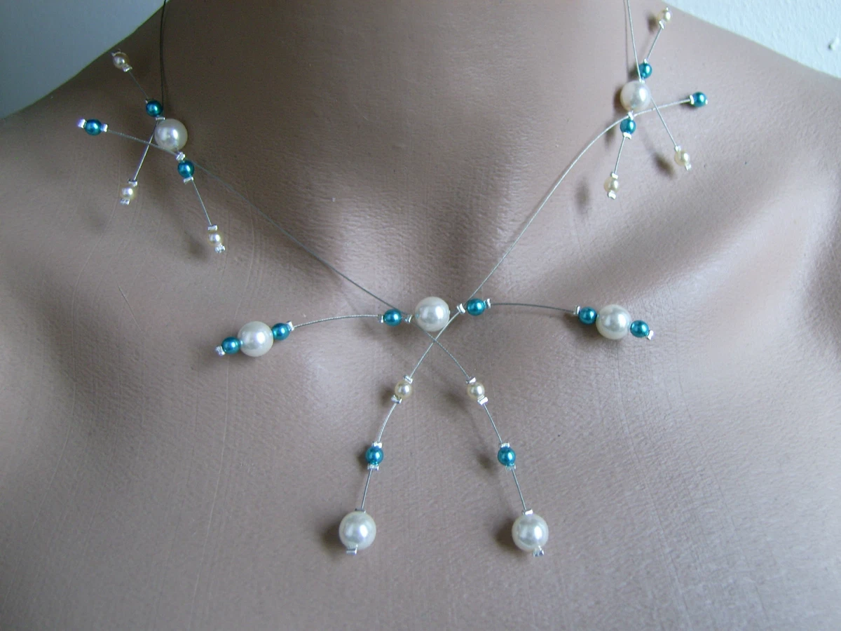 Collier Blanc cass Turquoise p robe de Mari e Mariage Soir e