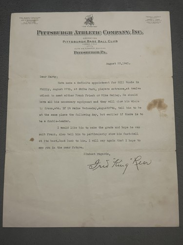 Fred King Lear Signed Letter Pittsburgh Pirates 1941 1915 Philadelphia Athletics