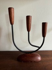 Vintage Mid-Century Luthje Teak Metal Candleholder Candelabra