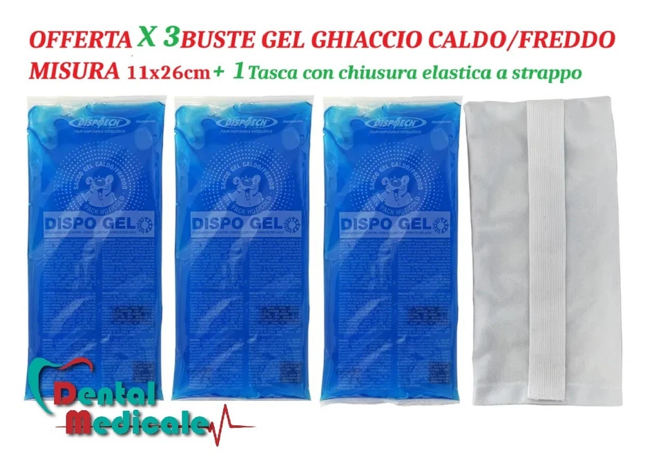 DISPOTECH X 3 Ghiaccio Dispo Gel caldo/freddo busta riutilizzabile 11x26 cm + 1 tasca
