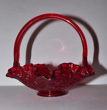 Ruby Red Glass 6" Handled Bowl Basket Roses Pattern MINI