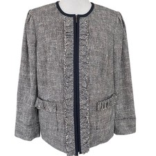 Doncaster Navy Blue White Tweed Ruffle Trim Full Zip Blazer Jacket Women's 14w