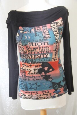 LES FEES DU VENT - Top T-Shirt Rollkragen schwarz bedruckt Gr. 48 neu Mod 17