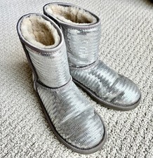 UGG Australia Classic Short Silver Sequin Boots Kids Size 4 1004885K