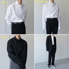 Mens Design White Striped Long Sleeve Shirts Loose Baggy Casual Tops