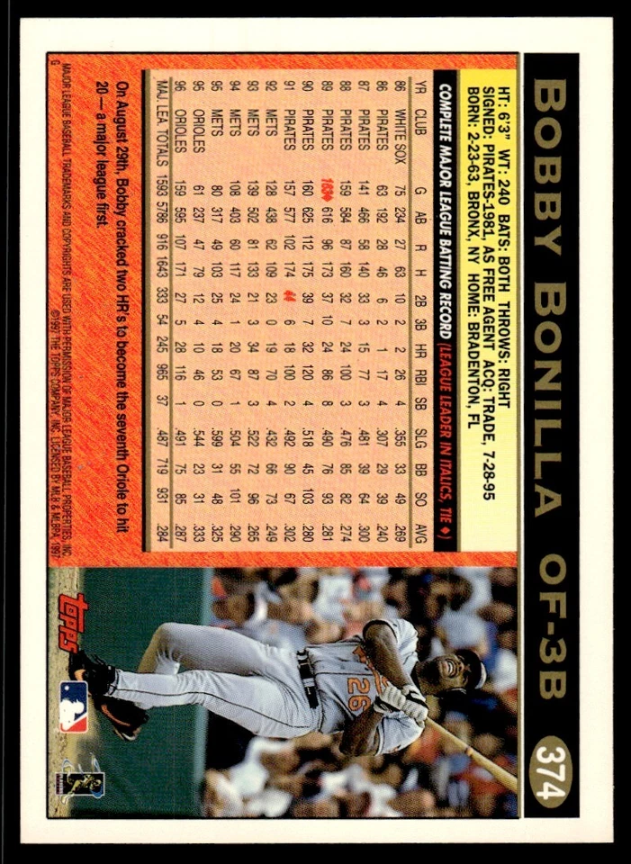 1997 Topps Baseball Card Bobby Bonilla qq Baltimore Orioles #374 - Image 2 of 2