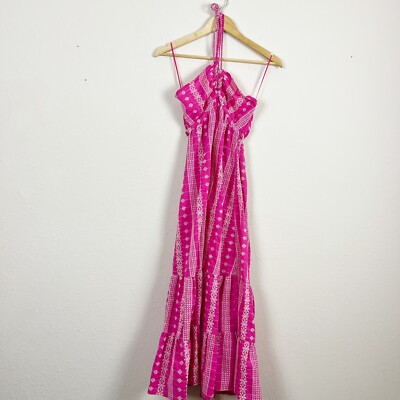 Zara Blogger Fave Pink Halter Back Tiered Eyelet Embroidered Midi Dress Sz M