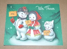 Vintage 1940's We Three & Me Snowman Dad, Mom & Baby Norcross Christmas Card