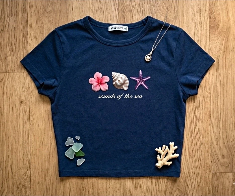 Dunkelblaues Damen T-Shirt mit Muschel-Print größe XS - Bild 1 von 1