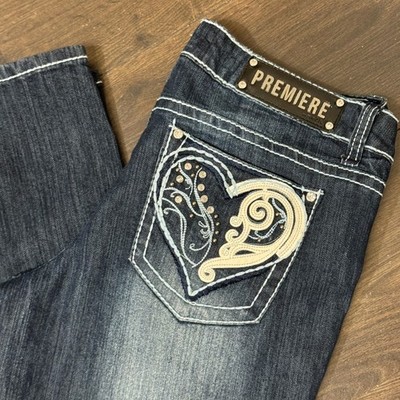 Y2K Rue21 Premiere Skinny Jeans 13 14 Dark Wash Heart Embellished Rhinestone