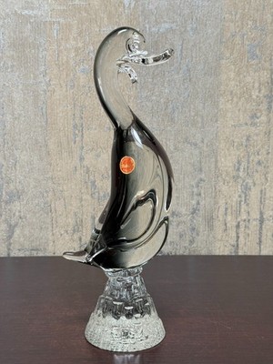 Murano Italy Hand Blown Art Glass Duck Bird Sculpture Smoky Gray Black 12 