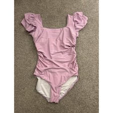 Vintage One Piece Swimsuit Womens Medium Lavender Excellent Ruched Ruffle Cap