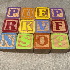 Lot Of 12 Vintage Child Wooden ABC Blocks Letters Pictures Words Numbers 1 1/2  