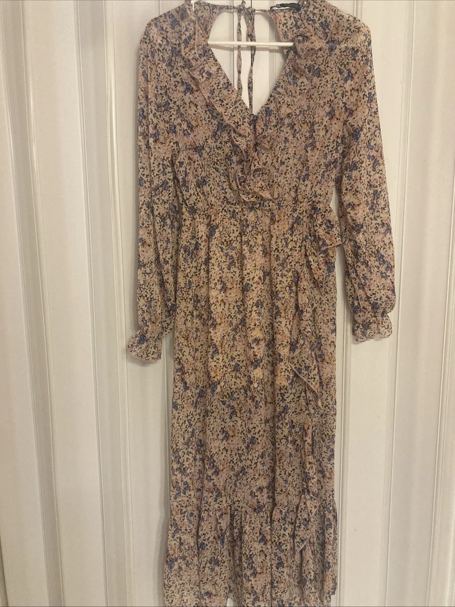 knee length dresses for ladies Zara Blue White Floral Plunge V-Neck 3/4 Balloon Sleeve Midi Maxi A-li –  Brie main image 1