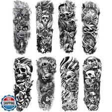 Skull Sleeve Tattoo Stickers Fake Black Skull Full Arm Temporary Tattoos Slee