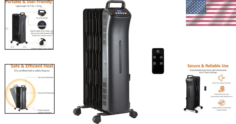 Oil-Filled Radiator Heater, 1500W, Remote Control - Image 2 of 4