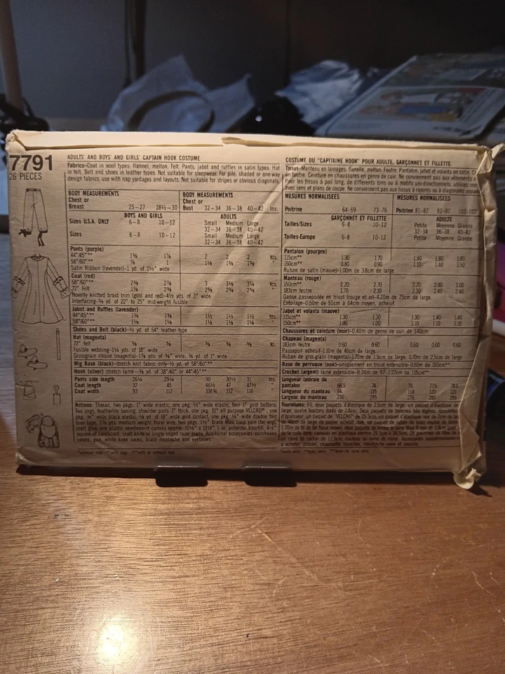 Simplicity 7791 Sewing Pattern Disney Captain Hook Costume Sm Uncut - Image 2 of 2