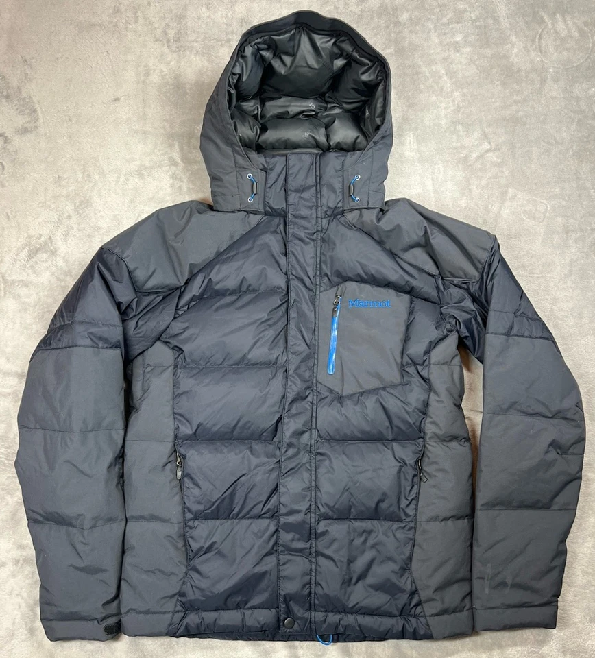 Marmot Down Jacket Men’s Small Black Hooded Ski Snowboard Blue Trim 650 Fill - Image 2 of 4