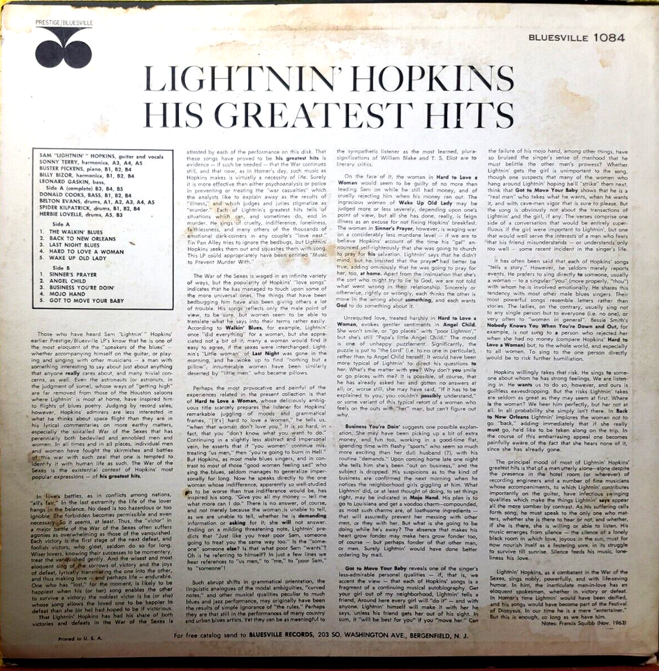 Lightnin' Hopkins His Greatest Hits MONO 1964 LP VINYL VG / JACKET VG+