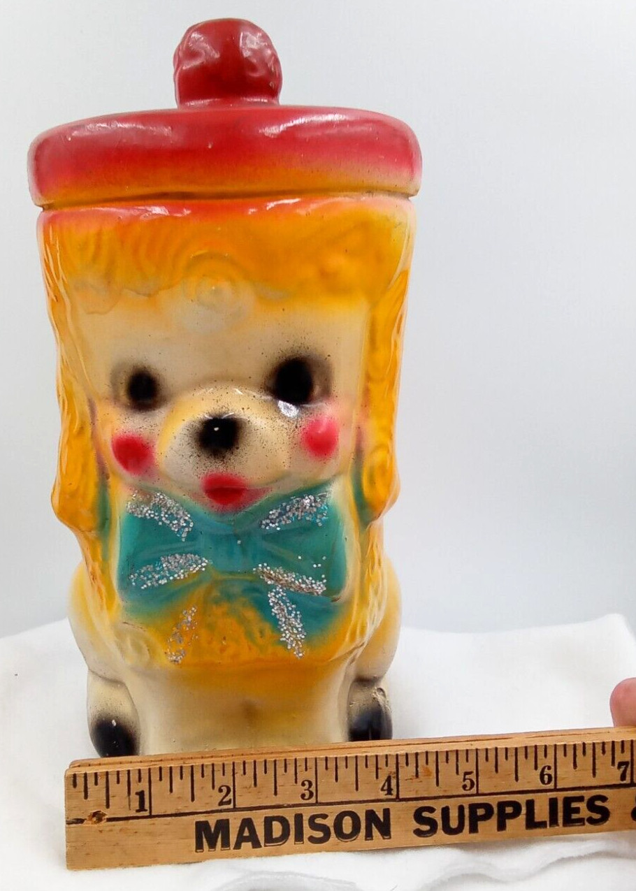 Poodle Chalkware Piggy Bank Dog Blue Sparkly Bow Carnival Prize 1940s Vintage