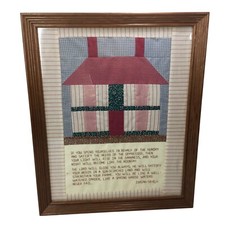 Vintage 80s Finished Framed Cross Stitch House Quilt Block Handmade Isaiah