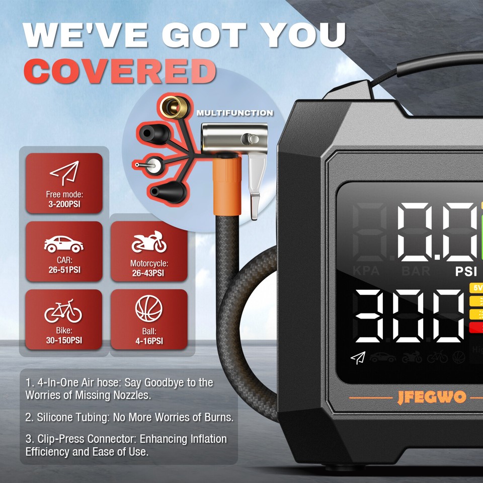 Tire Inflator Portable Air Compressor 300PSI Cordless Air Pump for Car