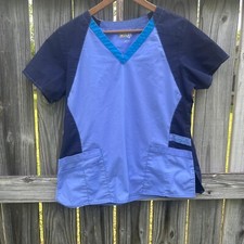 Wonder Flex Scrub Top Womens Medium Blue Short Sleeve V Neck Pockets Uniform