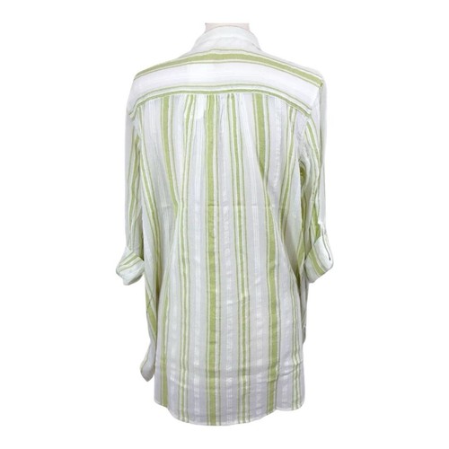 Soft Surroundings Ivory Light Green Striped Tunic Sz M Embroidered Gauze Pockets - Picture 6 of 8