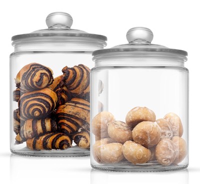 JoyJolt Elegant Cookie Jar. 2 Large Glass Jar With Lid. Jars for Kitchen Coun...
