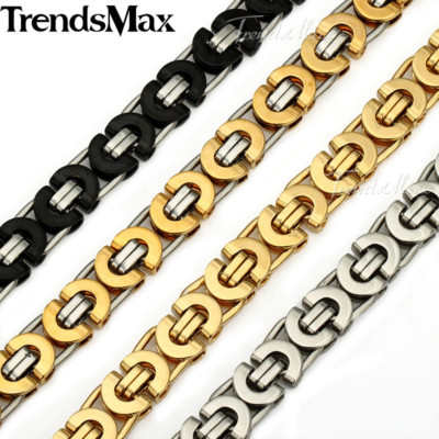 11mm Flat Byzantine Link Necklace Silver/Gold Plated Stainless Steel MENS Chain
