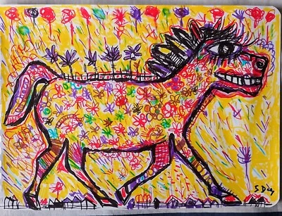 Tableau Peinture cheval mustang Poney Pur sang 21x30cm/feuille signé S. Dez - Photo 1/3