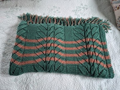 Hand Knit Afghan Lap Blanket With Fringe  66  X 54'' Hunter Green/ Brown