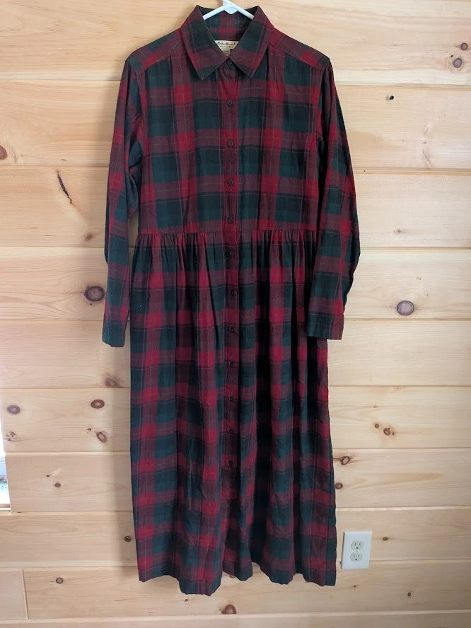 Vintage Eddie Bauer Dress M Plaid Flannel Maxi Holiday Christmas Cabin Modest - Image 3 of 4