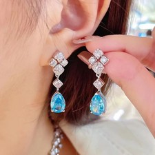 Blue Topaz Sapphire Gemstones Diamonds Water Drop Earrings Woman White Gold