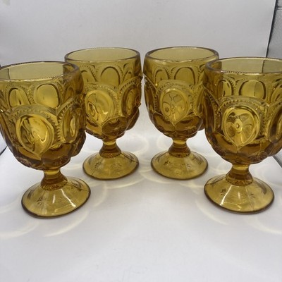 Vintage L.E. Smith Amber Moon & Stars Wine Goblets Set of 4 Mid Century