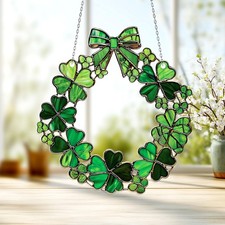 Green Shamrock Wreath Acrylic Window Hanging   St. Patrick  s Day Decor