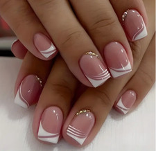 24 Pcs Press-On Nails - Medium Square Glossy - Pink White French Nails